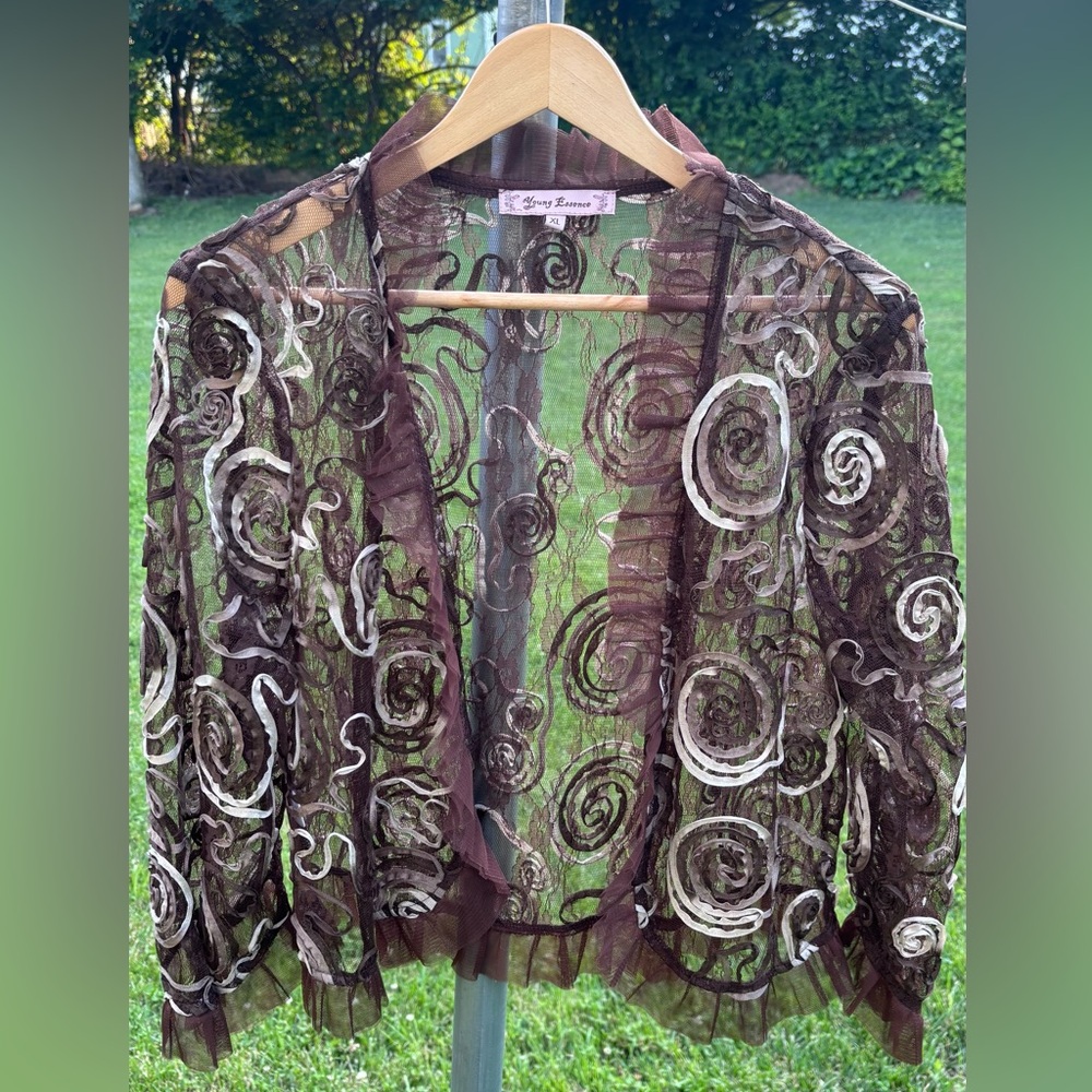 Young Essence Brown Lace Cardigan with Swirl Design Size Xl